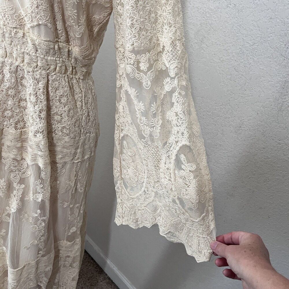 Reba Midi Beige Antique Lace Dress Women Large Romantic Boho Long Sleeve - Picture 4 of 9